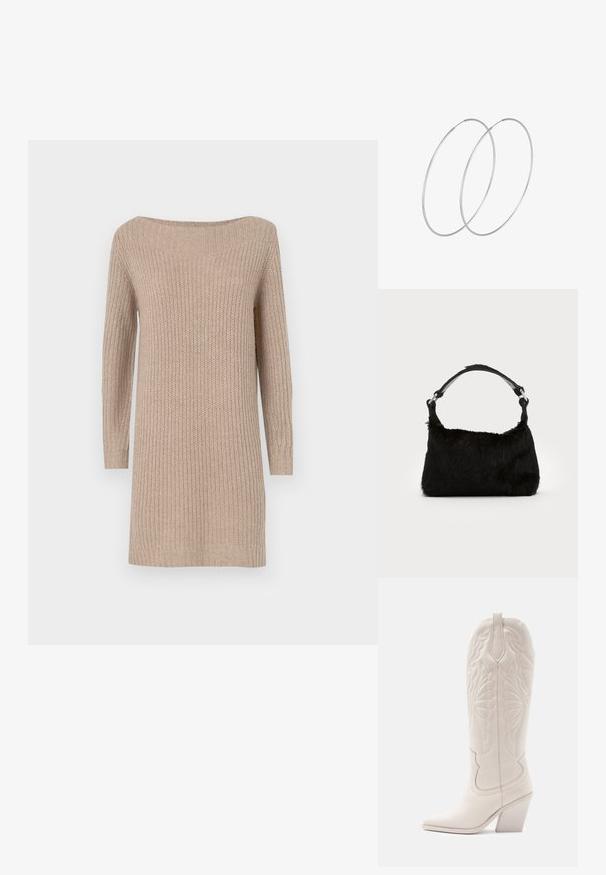 Beige kudumeln dress, millel on õlavarrevaheline kaelus, pikad varrukad, soonikstruktuur ja vabalt laskuv lõige.; Valge nahast cowboy-s выпiş с заостреным varvastega ja plokknäheeliga. Omab keerukaid tikandimustreid varreosas ja siledat tekstuuri.; Mustast kunstkarusnahast käekott, millel on pehme tekstuur, ümar kuju ja tugev must nahast õlarihm. Nähtavad hõbedased detailid.; Hõbedased rõngastikkaehingad minimalistlikus disainis. Ümar kuju, sile tekstuur ja õhuke profiil. Kerged ning poleeritud viimistlusega.