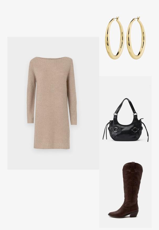 Strikklædt kjole i beige med off-the-shoulder udskæring, lange ærmer, ribbet tekstur og en afslappet pasform.; Høj brun læder cowboystøvle med detaljerede sømme, en spids tå og en blok hæl på en ensartet lys baggrund.; Sort læderhåndtaske med en rund form, der har to sidelukninger, en glat tekstur og en kort skulderrem. Der er pynt i form af sidekæder.; Guld hoops øreringe med en glat, poleret overflade. Cirkelformet, med en sikker lås på toppen. Overfladen reflekterer lys.