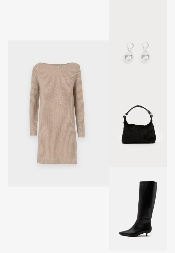 Strikklædt kjole i beige med off-the-shoulder udskæring, lange ærmer, ribbet tekstur og en afslappet pasform.; Sort læder knæhøj støvle med spids snude og lav kittenhæl mod en ensfarvet lys baggrund.; Sort faux fur håndtaske med en blød tekstur, rund form og en robust skulderrem i sort læder. Synlige sølvhardware-detaljer.; Sølv dråbeøreringe med glatte, runde, reflekterende overflader hængende fra svingelukkede låse. Baggrunden er helt hvid.