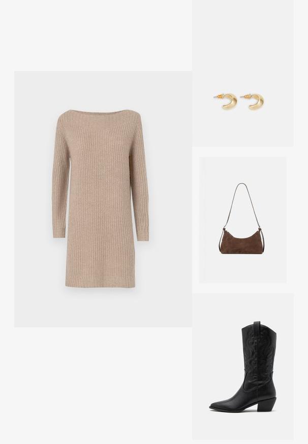 Strikklædt kjole i beige med off-the-shoulder udskæring, lange ærmer, ribbet tekstur og en afslappet pasform.; Sorte læder cowboystøvler med spids tå, præget svungen mønster og en mid-højde hæl. Har en trækflap for nemt at tage på.; Brun ruskind skuldertaske med en buet lynlås øverst og en tynd justerbar rem, vist mod en ensfarvet lys baggrund.; Guld halvmåneformede øreringe med en glat overflade, der har orange accenter nær stiften og sølv hardware.
