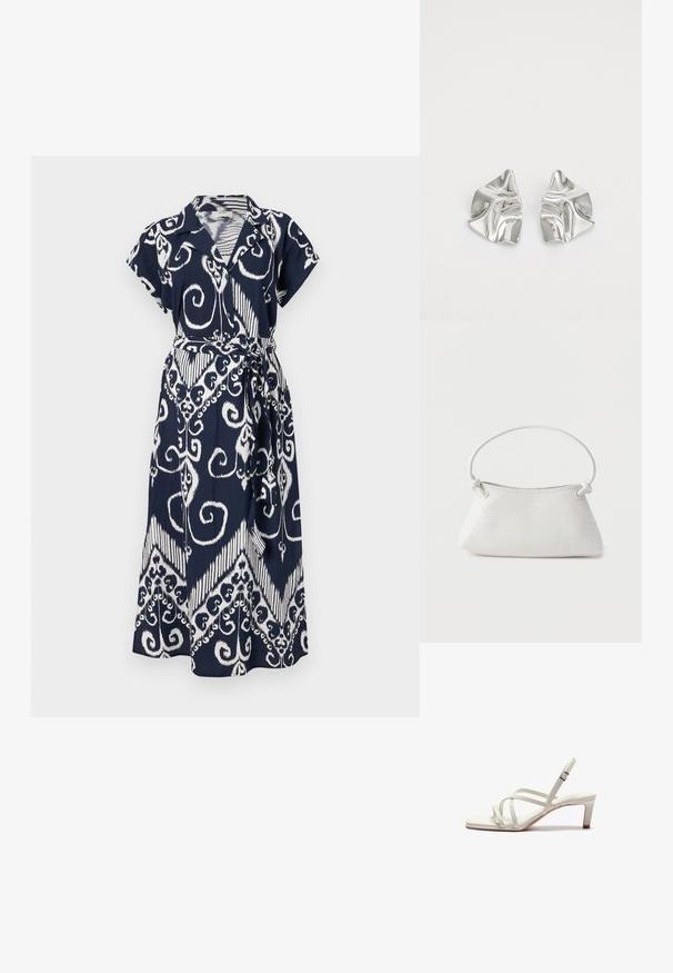 Vestido azul marino con patrones ondulados blancos, mangas cortas, cuello con solapa y cintura anudada. Tela ligera con un diseño fluido.; Zign Tacones - off white; Bolso de mano de cuero blanco tejido con asa redondeada y extremos de la correa anudados, exhibido sobre un fondo liso.; Pendientes de metal plateado con un diseño ondulado y escultórico, que presentan un acabado pulido y formas irregulares, destacando una estética contemporánea.
