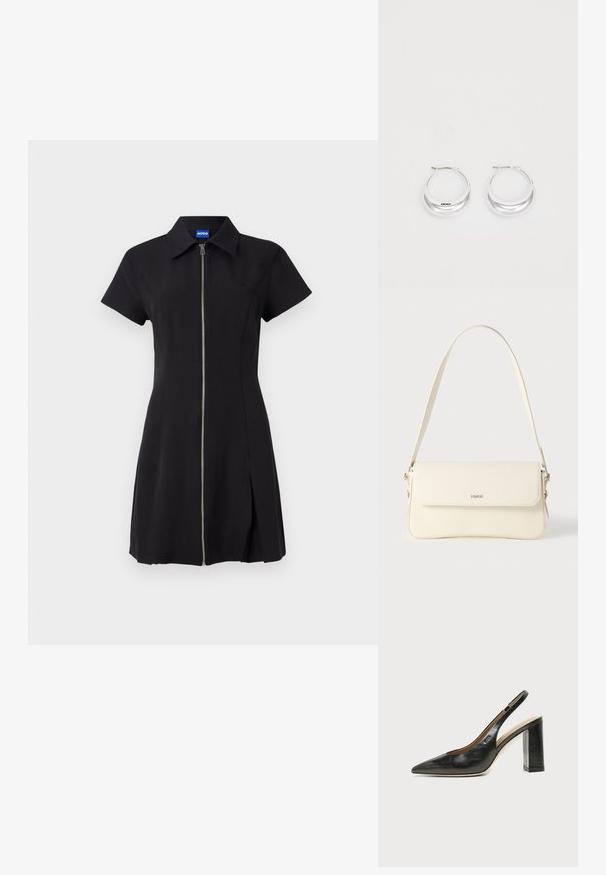 Zwarte jurk met korte mouwen, voorritssluiting, kraag en een zijsplit. Gemaakt van zachte stof, met een subtiele logo op de borst.; Zwarte leren slingback schoen met spits toelopend neusje, hoge blokhak en beige binnenvoering tegen een effen lichte achtergrond.; Schoudertas van crèmegekleurd leer met een klepafsluiting, zilverkleurige hardware, een enkele verstelbare riem en subtiele logodetails.; Zilveren creolen met een gepolijste afwerking en DKNY-branding, weergegeven tegen een effen witte achtergrond.