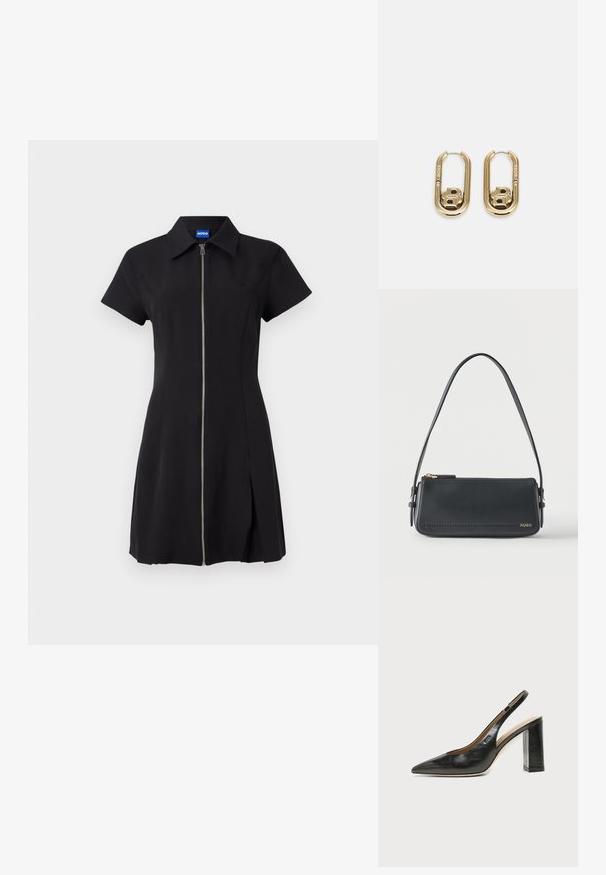 Zwarte jurk met korte mouwen, voorritssluiting, kraag en een zijsplit. Gemaakt van zachte stof, met een subtiele logo op de borst.; Zwarte leren slingback schoen met spits toelopend neusje, hoge blokhak en beige binnenvoering tegen een effen lichte achtergrond.; Zwarte rechthoekige lederen schoudertas met gouden ritssluiting en klein goudkleurig "HUGO"-logo aan de voorkant, voorzien van een verstelbare riem met gesp.; BOSS DOUBLE B SWING - Oorbellen - gold-coloured