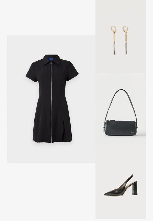 Zwarte jurk met korte mouwen, voorritssluiting, kraag en een zijsplit. Gemaakt van zachte stof, met een subtiele logo op de borst.; Zwarte leren slingback schoen met spits toelopend neusje, hoge blokhak en beige binnenvoering tegen een effen lichte achtergrond.; Zwarte rechthoekige lederen schoudertas met gouden ritssluiting en klein goudkleurig "HUGO"-logo aan de voorkant, voorzien van een verstelbare riem met gesp.; Oorbellen met gouden en zilveren druppels en haaksluitingen, met een gouden staaf verbonden aan een zilveren staaf gegraveerd met "DKNY" op een witte achtergrond.
