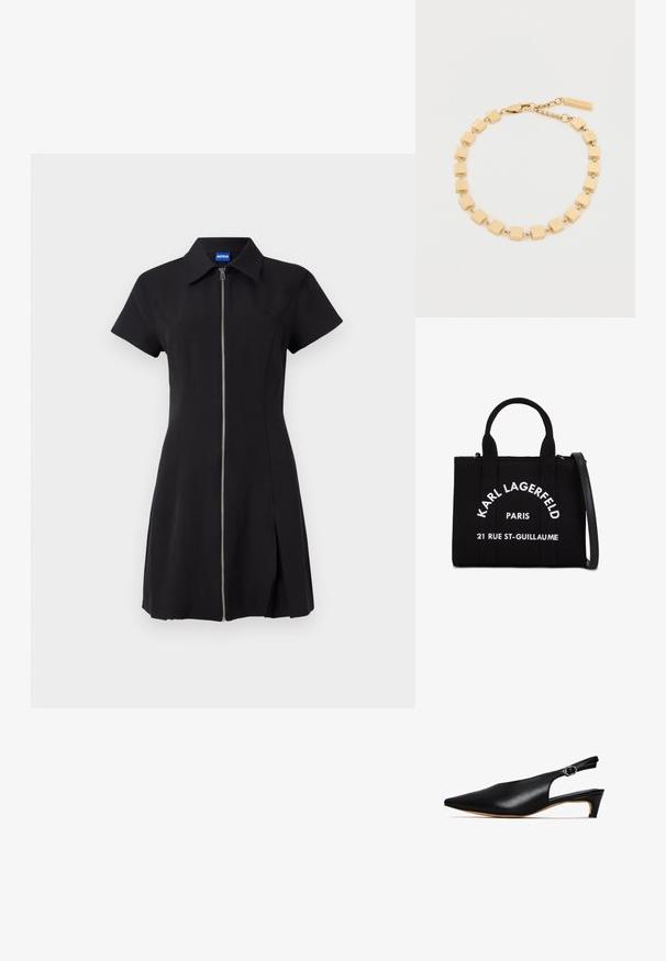 Zwarte jurk met korte mouwen, voorritssluiting, kraag en een zijsplit. Gemaakt van zachte stof, met een subtiele logo op de borst.; Zwarte leren slingback schoen met een spitse neus, lage hak en een uitsnede aan de zijkant. Heeft een ronde gesp op de verstelbare enkelband.; Zwarte stoffen handtas met twee handvatten bovenaan en een afneembare schouderband. Bevat witte tekst: "KARL LAGERFELD PARIS 21 RUE ST-GUILLAUME."; Gouden armband met geometrische vierkante schakels met een gladde textuur, verbonden door een metalen ketting, en een sluiting met logo-tag.