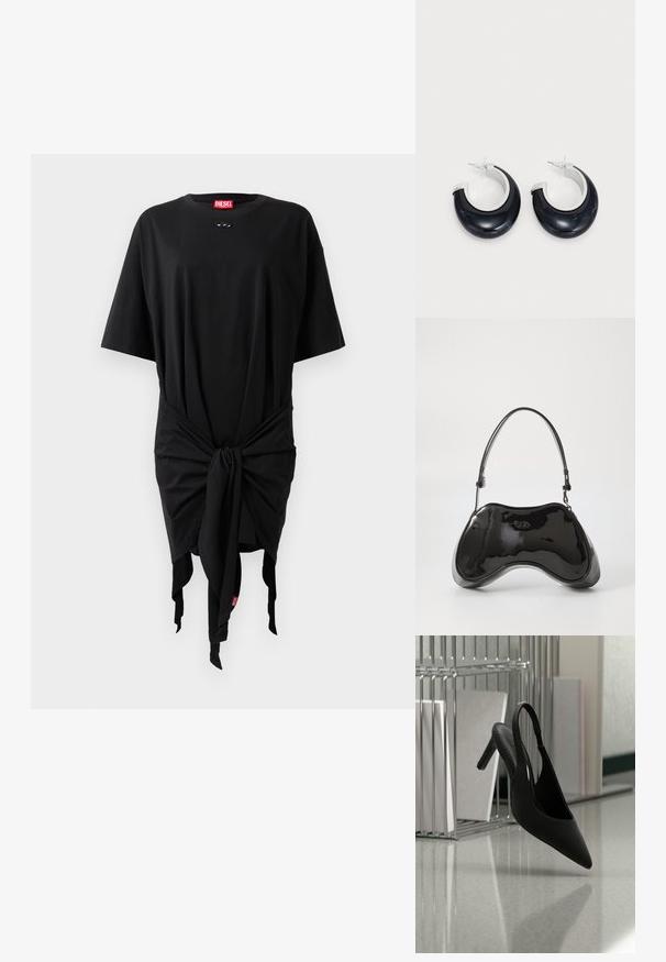 Schwarzes Baumwoll-T-Shirt-Kleid mit kurzen Ärmeln, das mit einem Knoten-Detail an der Taille und einem Logo-Tag versehen ist. Glatte Textur und lockere Passform.; Schwarzer, spitz zulaufender Slingback-Pumps mit hohem Absatz, schwebt in der Luft über einem glänzenden Boden, im Hintergrund gestapelte Ordner.; Schwarze Handtasche aus lackiertem Leder mit einer einzigartigen, geschwungenen Form, kurzem verstellbarem Griff und einem Reißverschluss oben. Glatte Textur mit dezentem Branding.; Schwarze Harz-Hoops mit glänzender Oberfläche und silberfarbenen Hardware-Details. Zirkulare Form mit Ausschnitt und Post-Back-Verschluss.