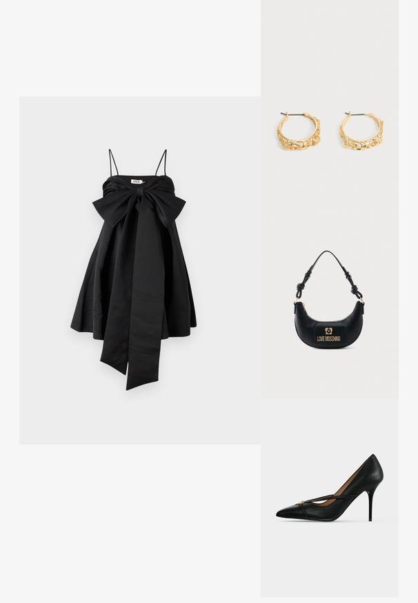 AMUR ROSE BABY DOLL DRESS - Cocktail φόρεμα / Φόρεμα για πάρτι - black; Μαύρο δερμάτινο παπούτσι με ψηλό τακούνι, μυτερή μύτη και λεπτό λουράκι στο επάνω μέρος, που ασφαλίζει με μία μικρή χρυσή αγκράφα σε απλό φόντο.; Μαύρη τσάντα ώμου σε σχήμα ημισελήνου με κόμπο στη λαβή και χρυσή πλακέτα με το λογότυπο "Love Moschino" στο μπροστινό μέρος, κλείσιμο με φερμουάρ στην κορυφή.; Ζευγάρι χρυσούς κρίκους σκουλαρίκια με περίτεχνη ανάγλυφη διακόσμηση λουλουδιών και φύλλων σε ουδέτερο φόντο.
