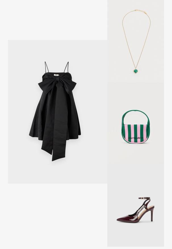 AMUR ROSE BABY DOLL DRESS - Juhlamekko - black; Burgundy patento nahkalebookit korkeakorkoiset kengät, joissa on terävä pää, nilkkahihna ja leikattuja yksityiskohtia sivuilla. Hohtava ja kiiltävä pinta.; Pieni käsilaukku, jossa pystysuorat vaaleanpunaiset ja vihreät raidat, kaartuva kahva ja edessä musta "marimekko"-teksti.; Kaulaketju kultaisella sävyllä, jossa on herkkä ketju ja pyöreä smaragdinvihreä kivi ympyrän muotoisessa kultakehyksessä. Säädin sisältyy.