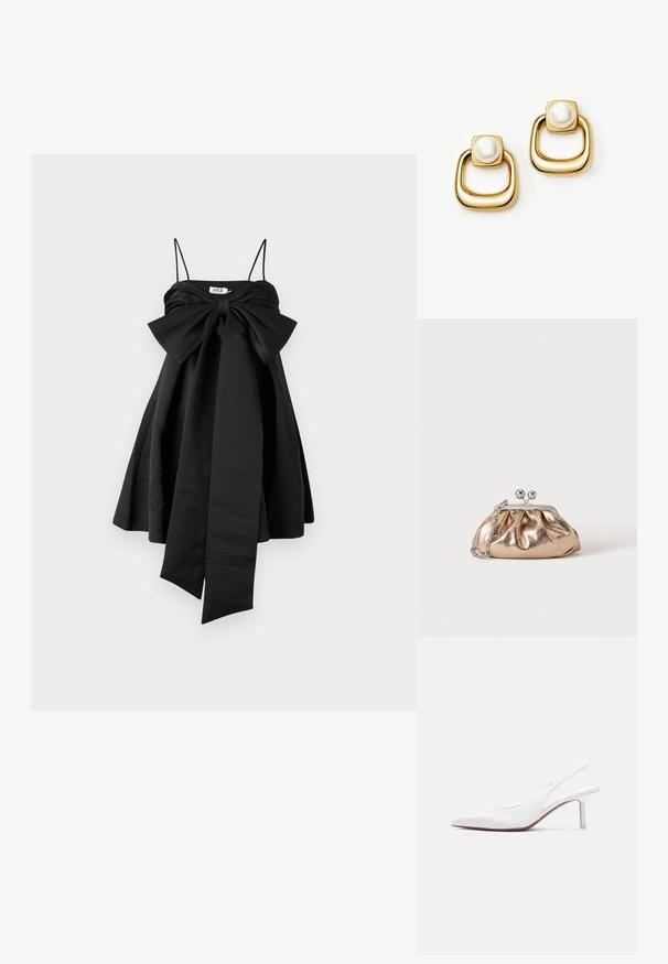 AMUR ROSE BABY DOLL DRESS - Kokteilikleit/peokleit - black; Valge nahast naiste slingback-tüüpi jalanõu, terava ninaotsaga, madala kitsa kontsaga ja väikese dekoratiivse lipsuga peal, esitatud külgvaates.; Väike kuldse metallikatusega õlakott, millel on hõbedane kinnitus ja kett-õlarihm, ühevärvilisel heledal taustal.; Kullatooni kõrvarõngad, millel on ruudukujulised ülaosad, mis sisaldavad suuri valgeid pärleid, ja nende all paksemad, ümarad, avatud ruudukujulised rõngad.
