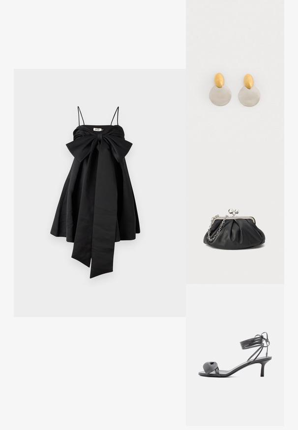 AMUR ROSE BABY DOLL DRESS - Kokteilikleit/peokleit - black; Hallid nahast kontsakingaga sandaalid, mille varvaste kohal on sõlmitud rihm ja õhuke pahkluu ümber mähitud paelad, keskmise kõrgusega kitsal kontsal, valgel taustal.; Musthave musta nahast käekott, millel on volditud tekstuur, hõbedane metallraam, lukustatud sulgemismehhanism ja kett. Sile ja pehme pind.; Kuld- ja hõbedametallist kõrvarõngad, millel on ümar diskipõhi ja ovaalne pealmine osa, sile tekstuur ja poleeritud viimistlus.