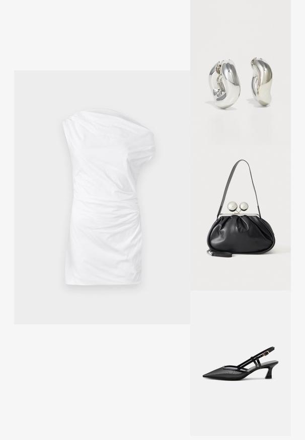 Robe blanche à une épaule fabriquée en tissu lisse, avec une texture torsadée sur le côté et une silhouette ajustée.; Chaussure slingback noire à bout pointu avec tige en mesh, fines brides, boucle dorée et petit talon incurvé sur fond blanc.; Sac à main en cuir noir avec un design plissé, une sangle unique, un cadre métallique argenté et deux grandes fermoirs ronds en argent.; Boucles d'oreilles sculpturales en argent avec des formes douces et courbes et des surfaces réfléchissantes. Présentent un design de boucle fermée et une forme organique distincte.