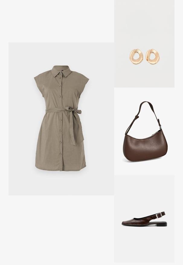 Khaki-langan puuvillane kleit lühikeste varrukatega, nööbid ees ja vöö. Omab kraed ja lõdva siluetti, pakkudes pehmet tekstuuri.; Tummanruskea nahkainen slingback-mallinen matala kenkä, jossa on neliömäinen kärki, krokotiilikuosi ja hopeinen solki remmissä.; Pieni ruskea nahkainen olkalaukku, jossa on säädettävä hihna ja vetoketjukiinnitys, näytetään valkoista taustaa vasten. Ei näkyvää brändiä tai koristeita.; Pari epäsäännöllisen muotoisia, kullansävyisiä kiillotettuja metalliprimenejä korvakoruja, joissa on avoin keskusta valkoisella taustalla.