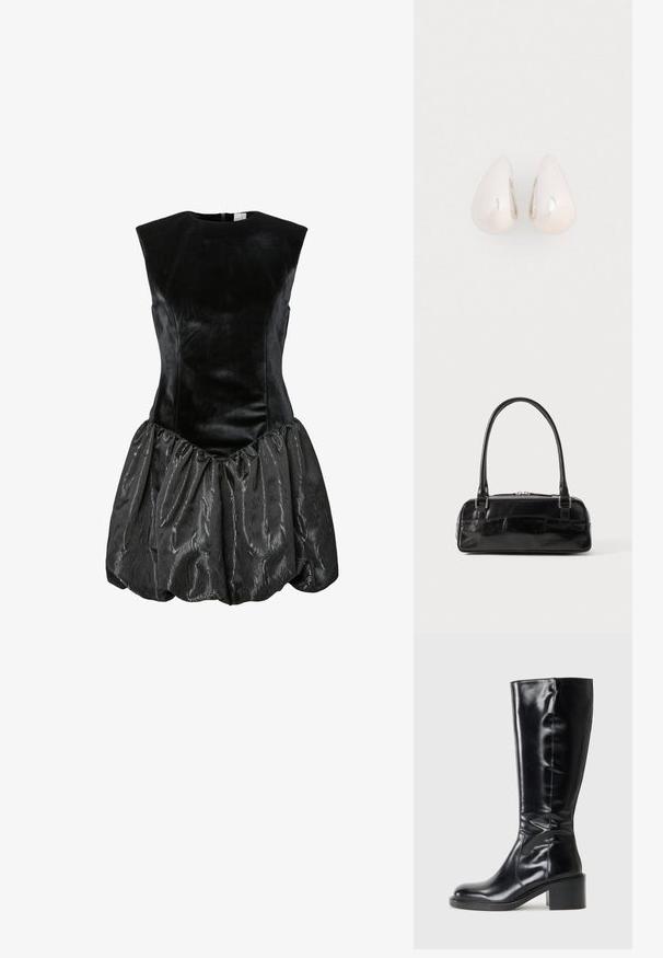 Schwarzes ärmelloses Kleid mit einem taillierten Samtoberteil und einem strukturierten, gerafften Satinrock mit einem glänzenden Erscheinungsbild. Mit Reißverschluss auf der Rückseite.; Schwarze kniehohe Stiefel mit glänzendem Lederfinish, runder Spitze und Blockabsatz. Glatte Textur mit sichtbaren Nähdetails.; Schwarze Lederhandtasche in rechteckiger Form, mit einem stabilen Griff, silbernem Zubehör und Reißverschluss. Glatte Textur.; Silberne Metall-Ohrringe in Tropfenform mit einer glatten, reflektierenden Oberfläche, die ein nahtloses Design und keine sichtbaren Verzierungen aufweisen.