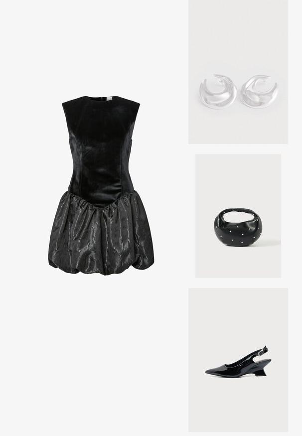 Zwarte mouwloze jurk met een aansluitend fluwelen lijfje en een gestructureerde, geplooide satijnen rok met een glanzende uitstraling. Achterkant met rits.; Zwarte lakleren slingback schoen met spitse neus en lage schuine blokhak op een effen lichte achtergrond.; Zwarte leren handtas met een afgeronde vorm, versierd met zilveren studs, en een korte handgreep. Gladde textuur en ritsluiting.; Een paar gepolijste zilveren halvemaanvormige creolen met een glad, reflecterend oppervlak op een witte achtergrond.