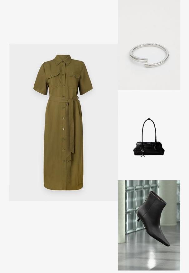 Khaki shirtjurk, korte mouwen, knopen aan de voorkant, twee borstzakken, ceintuurlijn, middellange lengte, gladde stoftextuur.; Zwarte leren enkellaars met puntige neus en lage hak, afgebeeld tegen een glazen blokkenmuur en gepolijste vloer op de achtergrond.; Zwarte schoudertas van leer met krokodillenstructuur, lange banden en een klein zilveren logohanger aan één band.; Calvin Klein SPIRAL - Armband - silver-coloured