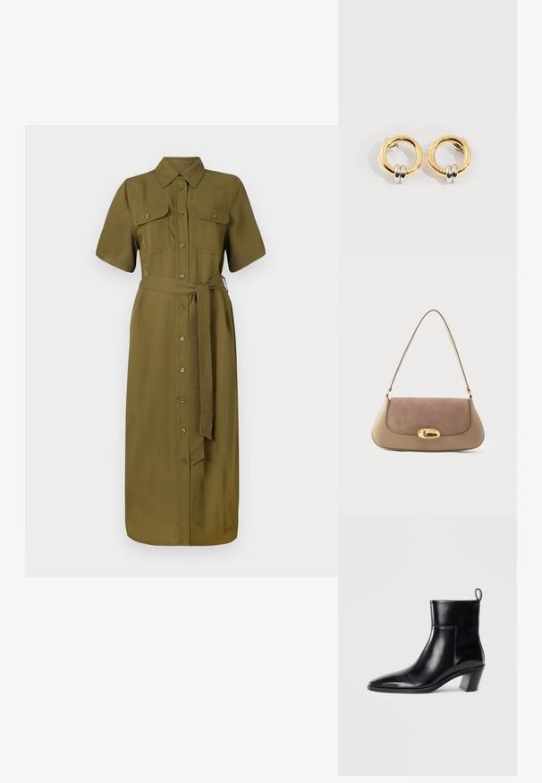 Khaki mekko, lyhyet hihat, nappilista edessä, kaksi rintataskua, vyötäröllä vyö, keskipitkä, sileä kangastuntuma.; Musta nahkainen nilkkuri, jossa on terävä kärki, geometrinen pinoettu korko ja vetotappi takana. Sileä pinta ja tyylikäs muotoilu.; Beige ja ruskea nahkainen olkalaukku, jossa pehmeä mokkanahkainen läppä, kullanvärinen ovaali lukko ja yksittäinen olkahihna. Kokonaisuudessaan sileä pinta.; Kultaiset pyöreät korvakorut, joissa kummassakin kaksi pientä hopeista rengasta ja hienovaraiset kaiverretut brändinimi yksityiskohdat, valkoisella taustalla.
