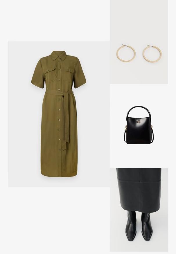 Vestido camisa color caqui, de mangas cortas, con botones en el frente, dos bolsillos en el pecho, cintura ajustada con cinturón, de longitud media, con textura de tela suave.; Botas altas de cuero negro con diseño de punta cuadrada y cremallera lateral. Textura suave y hardware minimalista; combinadas con una falda de cuero negro.; Bolso de mano de cuero negro con asa redondeada y logotipo dorado de CK en el frente, con correa de hombro desmontable y herrajes dorados.; Par de pendientes de aro de tamaño mediano con tono dorado y cierre de bisagra sobre un fondo claro y liso.