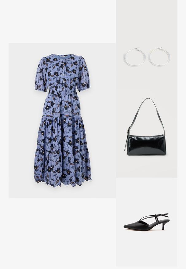 Blaue Blumen-Midikleid mit Puffärmeln, gerafftem Taillenbereich und gestuftem Rock. Mit schwarzen Blumen und braunen Blättern auf einem strukturierten Hintergrund.; Schwarzer Leder-Kitten-Heel mit spitzer Schuhspitze, dünnem Knöchelriemen und Schnalle, Slingback-Design, auf hellem einfarbigem Hintergrund.; Schwarze rechteckige Schultertasche mit einem verstellbaren Riemen und einem oberen Reißverschluss vor einfachem Hintergrund.; Paar glänzende silberne Creolen mit dünnen Drahtverschlüssen, dargestellt vor einem hellgrauen Hintergrund.