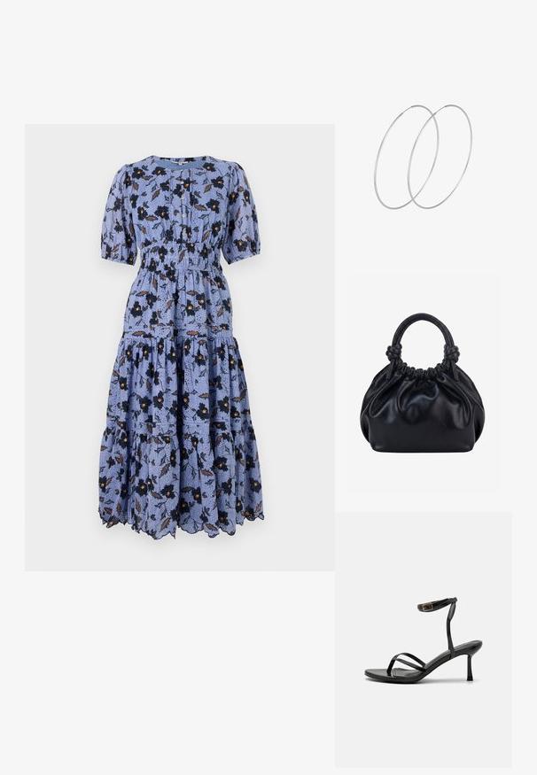 Blaue Blumen-Midikleid mit Puffärmeln, gerafftem Taillenbereich und gestuftem Rock. Mit schwarzen Blumen und braunen Blättern auf einem strukturierten Hintergrund.; Schwarze High-Heels-Sandalen mit einem schmalen Riemendesign, glatter Textur, Knöchelverschluss und einer spitzen Fußspitze. Verstellbares Knöchelriemchen.; Schwarze weiche Lederhandtasche mit gerafftem oberen Teil und zwei dicken, zu Knoten gebundenen Griffen vor einem einfarbigen hellen Hintergrund.; Silberne Creolen mit minimalistischem Design. Rundform, glatte Oberfläche und dünnes Profil. Leichtgewichtig mit hochglänzender Oberfläche.