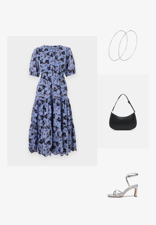 Blaue Blumen-Midikleid mit Puffärmeln, gerafftem Taillenbereich und gestuftem Rock. Mit schwarzen Blumen und braunen Blättern auf einem strukturierten Hintergrund.; Silberne High-Heel-Sandalen mit eckiger Zehenpartie, dünnem Knöchelriemen und Riemen über dem Spann. Glänzende Metallic-Oberfläche mit einem 3-Zoll-Blockabsatz.; Pieces PCALUANA SHOULDER BAG - Handtasche - black; Silberne Creolen mit minimalistischem Design. Rundform, glatte Oberfläche und dünnes Profil. Leichtgewichtig mit hochglänzender Oberfläche.