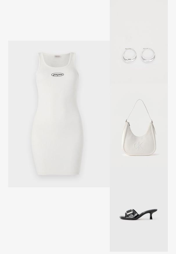 Valkoinen ribattu bodycon-mekko, jossa on pyöreä pääntie ja ohuet hihnat, edessä musta brodeerattu "guess.jeans" -logo.; Mustat lakerinilkkurit avoimella varpaalla, leveillä remmeillä, metallisella koristeella ja matalalla neliönmuotoisella korolla. Sileä pinta kiiltävällä viimeistelyllä.; Valkoinen nahkainen olkalaukku vetoketjulla, kaareva muoto ja etupuolelle kohokuvioitu korotettu CK-logo.; Hope hopea, joissa on kiiltävä pinta ja DKNY-brändäys, aseteltuna yksinkertaista valkoista taustaa vasten.