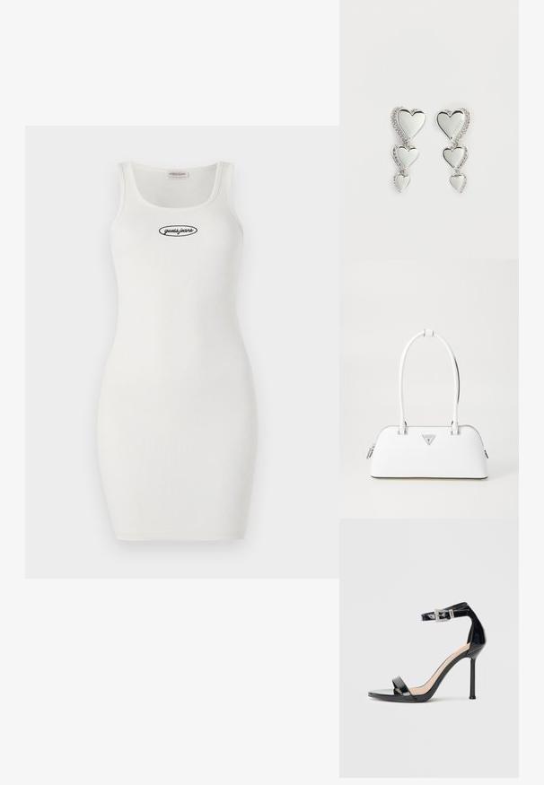 Hvid ribbet bodycon-kjole med rund halsudskæring og tynde stropper, der har et sort broderet "guess.jeans" logo på forsiden.; Sort højhælet sandal i laklæder med ankelrem. Har minimalistisk design, åben tå og spænde med rhinsten-detaljer.; Hvid lædertaske med en buet form, der har et sølvtrapezlogo og lynlåslukning. Glat tekstur og dobbelthåndtag.; Sølv hjerteformede øreringe med tre hængende hjerter, prydet med glitrende rhinsten. Reflekterende overflade med indgraveret mærkenavn.