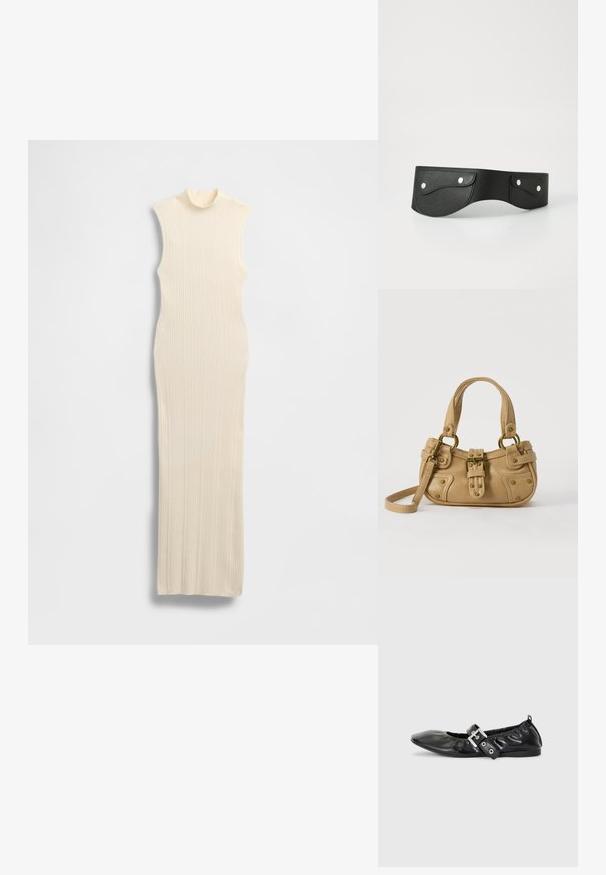 Robe longue sans manches de couleur crème avec un col montant imitation. Texture côtelée, coupe moulante et silhouette longue jusqu'au sol.; Chaussure plate en cuir noir avec un nez pointu, des détails froncés autour de l'ouverture et un accent en boucle argentée sur la bride ajustable.; Sac à main en cuir beige avec double poignées, boucle en laiton et détails rivetés, ainsi qu'une bandoulière réglable sur fond blanc.; Ceinture en cuir noir avec deux poches arrondies, fermées par des boutons-pression en argent. Texture lisse, design légèrement courbé.