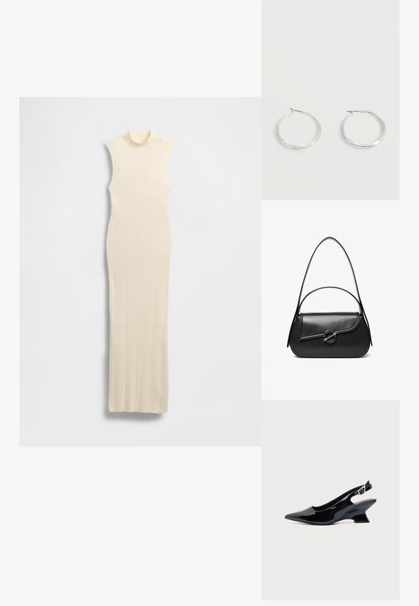Robe longue sans manches de couleur crème avec un col montant imitation. Texture côtelée, coupe moulante et silhouette longue jusqu'au sol.; Chaussure slingback en cuir verni noir avec bout pointu et petit talon bloc incliné sur fond clair uni.; Sac à bandoulière en cuir noir avec un rabat incurvé fermé par un fermoir métallique rond et une sangle fine et ajustable.; Boucles d’oreilles créoles en métal argenté avec une surface lisse légèrement incurvée et des fermoirs à clapet sur un fond blanc uni.