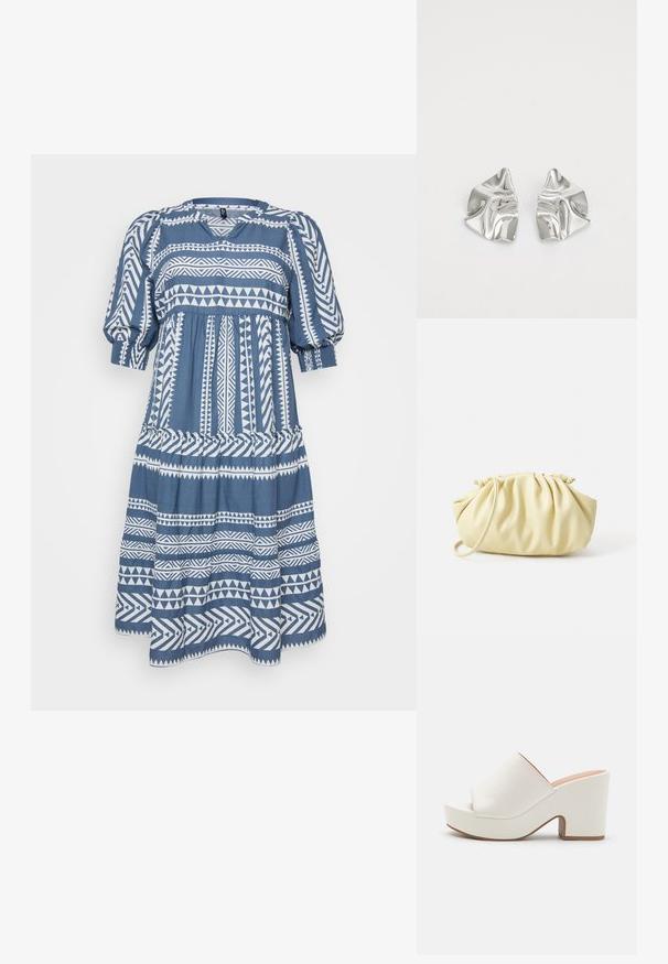 Vestido azul de manga corta con patrones geométricos blancos, con cuello redondo, cintura fruncida y falda acampanada. Tela suave con un acabado texturizado.; Mules blancos de plataforma con un acabado suave, diseño de punta abierta y un tacón grueso. Presenta una costura superior sutil y una suela en contraste.; Bolso amarillo plisado hecho de cuero sintético suave, con una forma blanda y una sola correa para el hombro, además de un diseño de parte superior recogida.; Pendientes de metal plateado con un diseño ondulado y escultórico, que presentan un acabado pulido y formas irregulares, destacando una estética contemporánea.