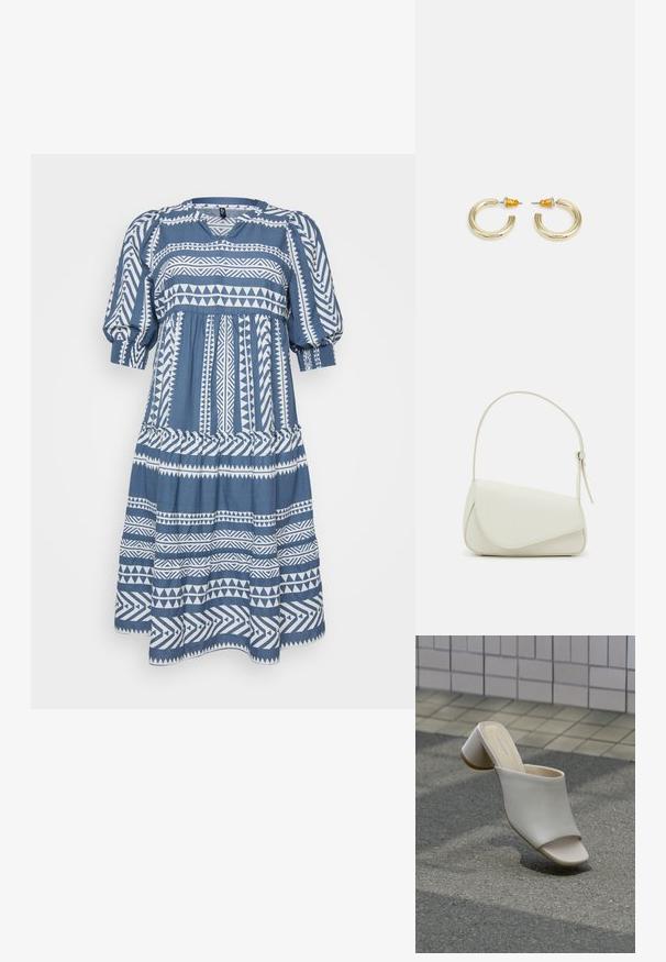 Vestido azul de manga corta con patrones geométricos blancos, con cuello redondo, cintura fruncida y falda acampanada. Tela suave con un acabado texturizado.; Un zapato mule blanco abierto en la punta con tacón ancho sobre suelo pavimentado cerca de una pared de azulejos, inclinado para mostrar vistas lateral y superior.; Bolso de mano de imitación cuero blanco con una forma triangular estructurada, correa ajustable única y cierre con solapa acentuada en curva.; Pendientes de aro en tono dorado con una forma suave y redondeada y un acabado pulido. Presentan acentos naranjas en la parte trasera para un ajuste seguro.