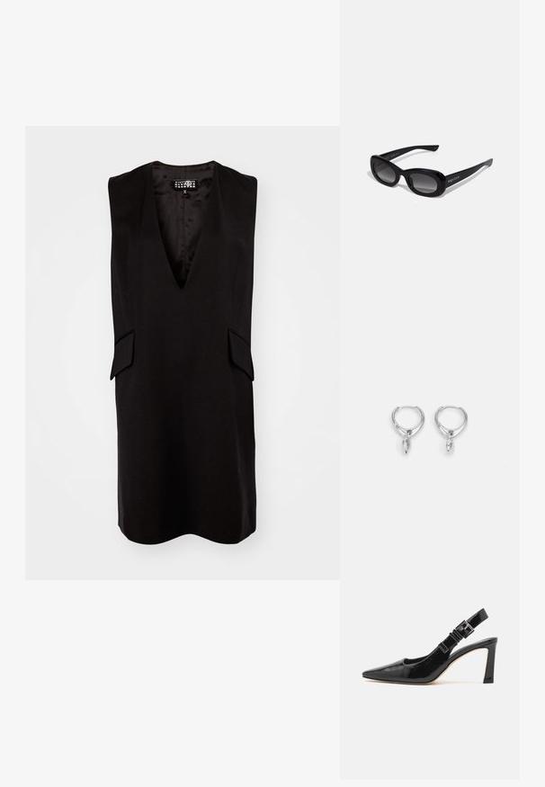 Vestido negro sin mangas con un profundo escote en V, hombros estructurados y bolsillos laterales. Hecho de una tela suave con un diseño minimalista.; MICHAEL Michael Kors DARRINGTON SLING - Zapatos altos - black; Gafas de sol negras y oversized con un acabado brillante, lentes de gradiente y forma rectangular redondeada; presentan un logotipo en el lateral.; Pendientes de aro plateados con un diseño liso y redondeado que presenta una gota colgante puntiaguda. El acabado es brillante y reflectante, resaltando una elegancia sencilla.