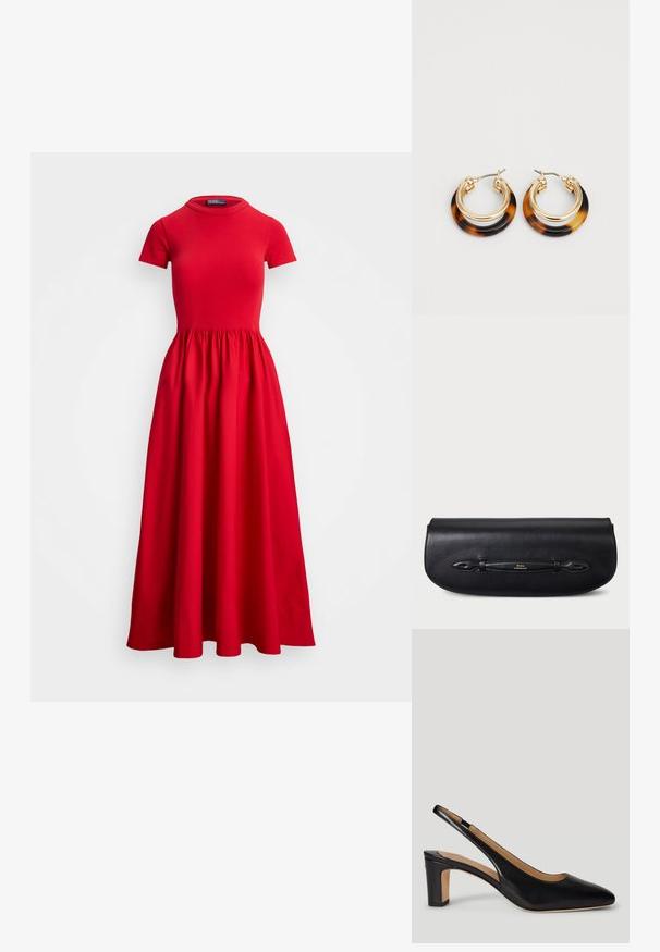 Vestido midi rojo con mangas cortas, corsé ajustado y falda con frunces. Hecho de una tela suave, con escote redondo y sin cierres visibles.; Zapato de tacón tipo slingback de cuero negro con puntera puntiaguda, tacón medio en bloque y textura lisa. Presenta un diseño con recortes en los laterales.; Bolso de mano de cuero negro con textura suave, forma redondeada y una correa decorativa con detalle de logo en tono dorado.; Lauren Ralph Lauren SPLIT HOOP - Pendientes - gold-coloured/tortoise