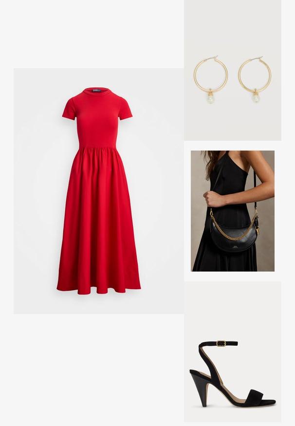 Rotes Midi-Kleid mit kurzen Ärmeln, tailliertem Oberteil und gerafftem Rock. Hergestellt aus glattem Stoff mit rundem Ausschnitt und ohne sichtbare Verschlüsse.; Schwarze Wildleder-Sandale mit hohem Absatz, Knöchelriemen und goldener Schnalle, offenen Zehen und einem konischen Absatz auf einem einfarbigen Hintergrund.; Frau in schwarzem Kleid hält eine schwarze halbmondförmige Ledertasche mit goldener Kette und Riemen über der Schulter.; Goldene Creolen, jeweils mit einer einzelnen herabhängenden weißen Perle und kleinen Strasssteindetails vor hellem Hintergrund.