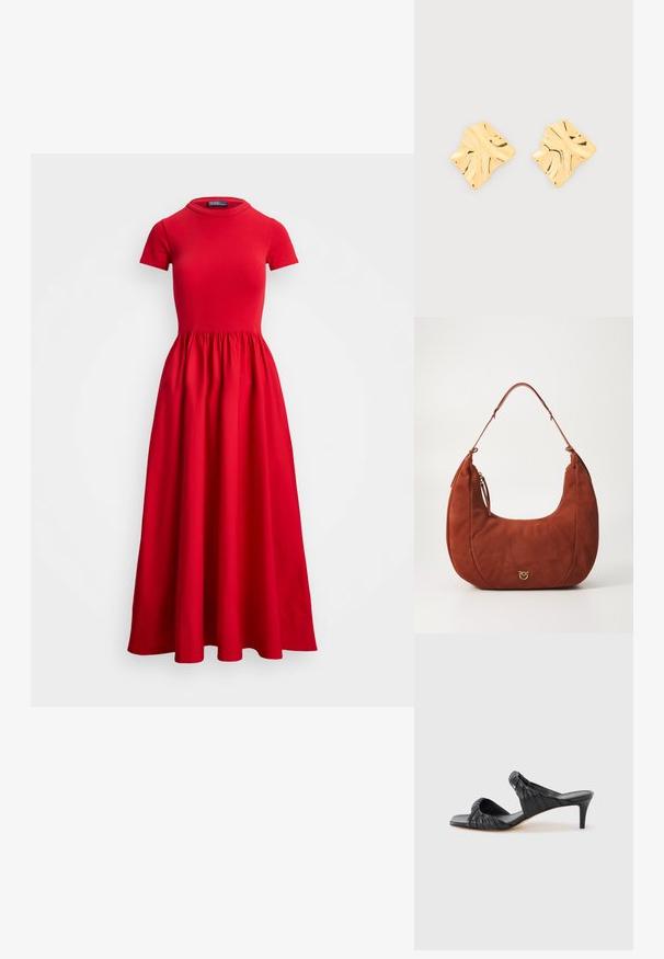 Robe midi rouge avec des manches courtes, un buste ajusté et une jupe froncée. Fabriquée en tissu lisse avec un décolleté rond et sans fermetures visibles.; Sandales à talons noirs avec un bout carré, fabriquées en cuir lisse. Elles présentent des brides froncées et un talon fin pour plus d'élévation.; Sac à épaule en daim couleur rouille avec une forme courbée, fermeture zippée sur le dessus et quincaillerie dorée. Texture lisse, design minimaliste.; Boucles d'oreilles à clou en métal doré avec des formes carrées irrégulières et ondulées, une surface brillante et texturée sur un fond clair uni.