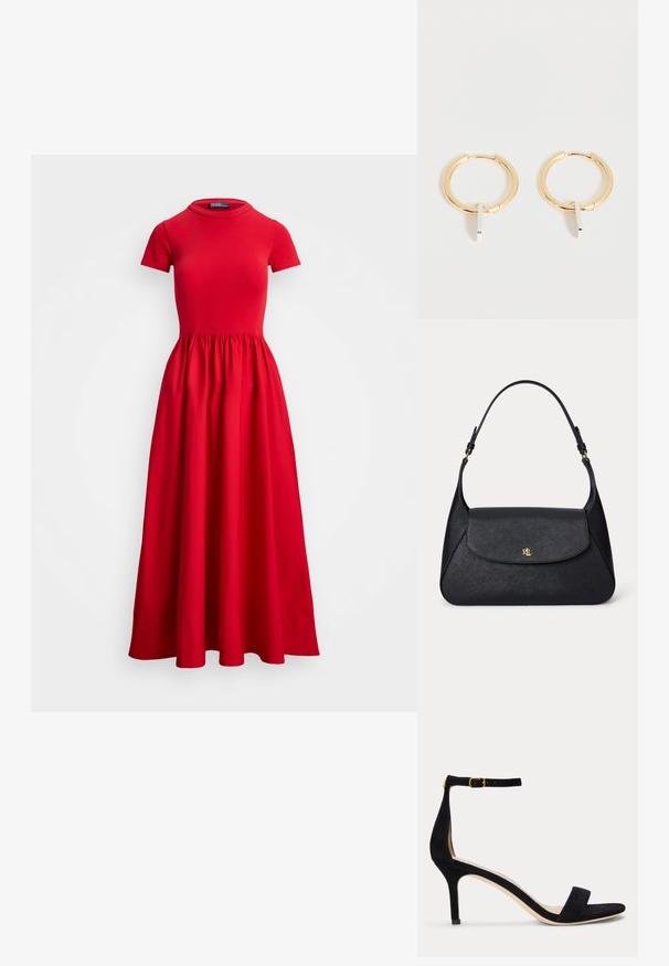 Rotes Midi-Kleid mit kurzen Ärmeln, tailliertem Oberteil und gerafftem Rock. Hergestellt aus glattem Stoff mit rundem Ausschnitt und ohne sichtbare Verschlüsse.; Schwarze Wildleder-Sandalette mit schmalem Knöchelriemen und goldener Schnalle, offenem Zehenbereich und mittelhohem Absatz auf weißem Hintergrund.; Schwarze, strukturierte Lederschultertasche mit einer geschwungenen Klappe und goldenem "RL"-Logo auf der Vorderseite, mit verstellbarem Riemen und goldener Hardware.; Goldene Creolen mit kleinen vertikalen silbernen rechteckigen Anhängern, dargestellt auf weißem Hintergrund.