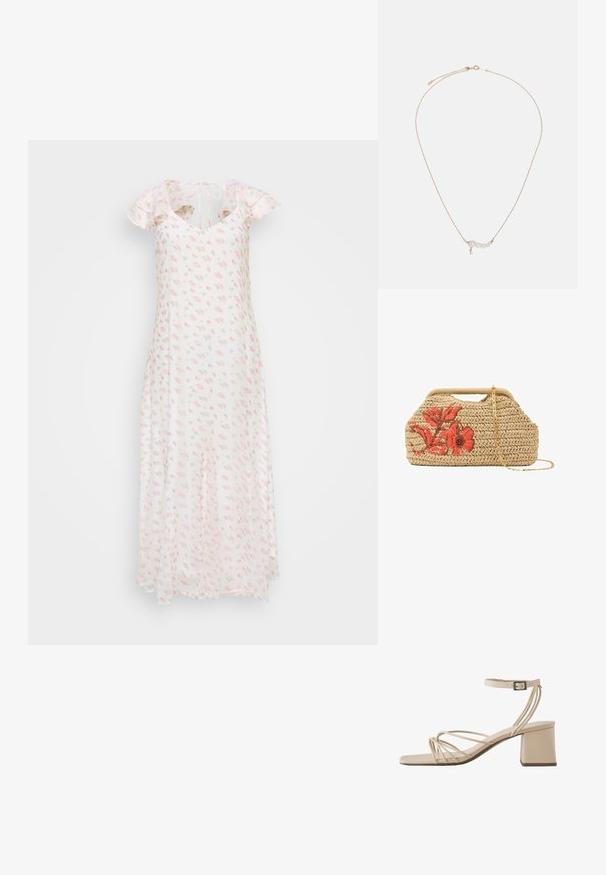 Lille kumaari floral maxi kleit; lühikesed volangvarrukad, V-kaelus ja pehmed roosad roosimustrid valgel taustal.; Beež avatud varbaosaga sandaal õhukeste ristsidemetega, pahkluu rihm pandlaga ja plokkkontsa.; Kootud beež käekott lühikese sangaga, ees roosa lilleline tikand ja eemaldatav õhuke kuldne kett.; Kuldne kaelakee, millel on neli valget pärlit ja väike riputatav kristalli aksessuaar, kujundatud õrna ja minimalistliku esteetikaga.