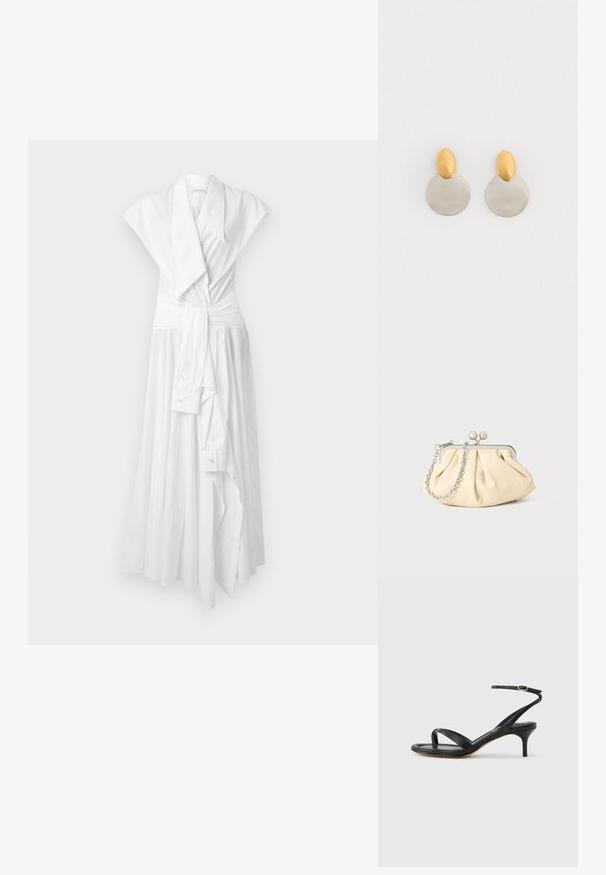 Robe blanche sans manches portefeuille avec large col, poignets boutonnés style chemise et ceinture nouée à la taille, suspendue contre un fond uni.; Sandale pour femme en cuir noir avec fines lanières, une boucle d'orteil, une boucle à la cheville et un talon aiguille de hauteur moyenne sur un fond neutre.; Pochette en cuir beige plissé avec un cadre en métal argenté, dotée de deux fermoirs ronds décoratifs et d'une chaîne en argent.; Boucles d'oreilles en métal doré et argenté avec une base en disque rond et une pièce supérieure ovale, texture lisse et finition polie.