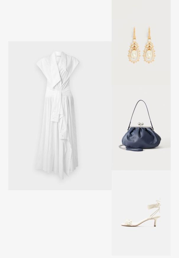 Robe blanche sans manches portefeuille avec large col, poignets boutonnés style chemise et ceinture nouée à la taille, suspendue contre un fond uni.; Sandale à talon bas de couleur crème avec des liens à nouer autour de la cheville et une large bride torsadée sur les orteils, sur un fond blanc uni.; Sac à main en cuir bleu marine doux avec fermeture à boucle argentée, une seule bandoulière, et une chaîne de poignet amovible sur fond blanc.; Boucles d'oreilles pendantes en ton or avec des perles fantaisie en forme de larme, entourées de petits cristaux clairs et d'ornements en cristal en forme de feuille.