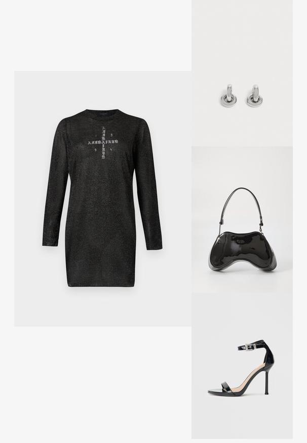 Robe noire manches longues scintillante avec col rond et motif croix imprimé avec les inscriptions "AllSaints" et "1994" sur la poitrine.; Sandale à talon haut en cuir verni noir avec bride à la cheville. Présente un design minimaliste, un bout ouvert et une boucle ornée de strass.; Sac à main en cuir verni noir avec une forme incurvée unique, une anse courte et ajustable, et une fermeture zippée. Texture lisse avec un branding discret.; Paire de petites boucles d'oreilles créoles argentées brillantes avec une base ronde, présentées sur un fond clair uni.
