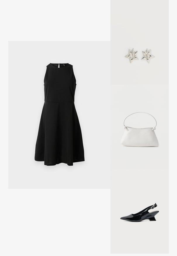 Vestido negro sin mangas con cuerpo ajustado y falda acampanada, escote alto y cierre posterior con botones, exhibido sobre un fondo blanco liso.; Zapato slingback de cuero charol negro con puntera puntiaguda y tacón bajo en bloque inclinado sobre fondo claro liso.; Bolso de mano de cuero blanco tejido con asa redondeada y extremos de la correa anudados, exhibido sobre un fondo liso.; Pendientes de aro plateados en forma de estrella con un acabado liso y pulido sobre un fondo blanco liso.