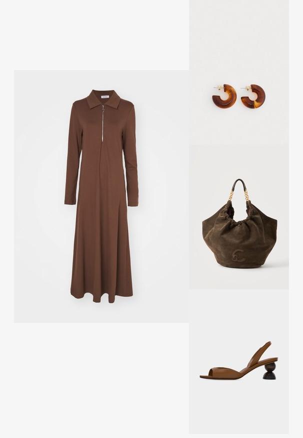 Brun langærmet kjole med en struktureret krave og en lynlås foran. Lavet af et glat stof, har en afslappet pasform og en flydende skørt.; Brun åben tå slingback-sandal med en karakteristisk rund, todelt træhæl på en ensartet lys baggrund.; Blød brun ruskindshåndtaske med opsamlet top, guldkæde og læderhåndtag, og præget logo foran mod en ensfarvet baggrund.; Brune akrylhængerør med et buet design. Guldtonet hardware. Glat overflade med en blank finish.