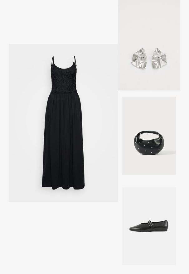 Schwarzes Maxi-Kleid mit einem Spitzenoberteil, Spaghettiträgern und einem gerafften Rock. Der Stoff ist glatt mit einem fließenden Design und in voller Länge.; Schwarze Lederflachschuhe mit spitzem Zehenbereich, ausgestattet mit einem metallischen Riemen über dem Spann und einer niedrigen, flexiblen Sohle.; Schwarze Lederhandtasche mit abgerundeter Form, verziert mit silbernen Nietenakzenten und kurzem Griff. Glatte Struktur und Reißverschlussverschluss.; Silberne Metallohrringe mit einem wellenförmigen, skulpturalen Design, das eine polierte Oberfläche und unregelmäßige Formen aufweist, die eine zeitgenössische Ästhetik betonen.