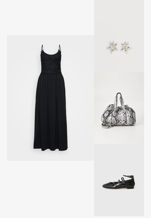 Schwarzes Maxi-Kleid mit einem Spitzenoberteil, Spaghettiträgern und einem gerafften Rock. Der Stoff ist glatt mit einem fließenden Design und in voller Länge.; ALDO NELTA - Klassischer Ballerina - black; Schwarz-weiße Handtasche im Schlangenhautmuster mit zwei Griffen, einem Kordelzugverschluss und einem abnehmbaren Schultergurt. Glatte Textur.; Silberne, sternförmige Creolen mit einer glatten, polierten Oberfläche auf weißem, schlichtem Hintergrund.