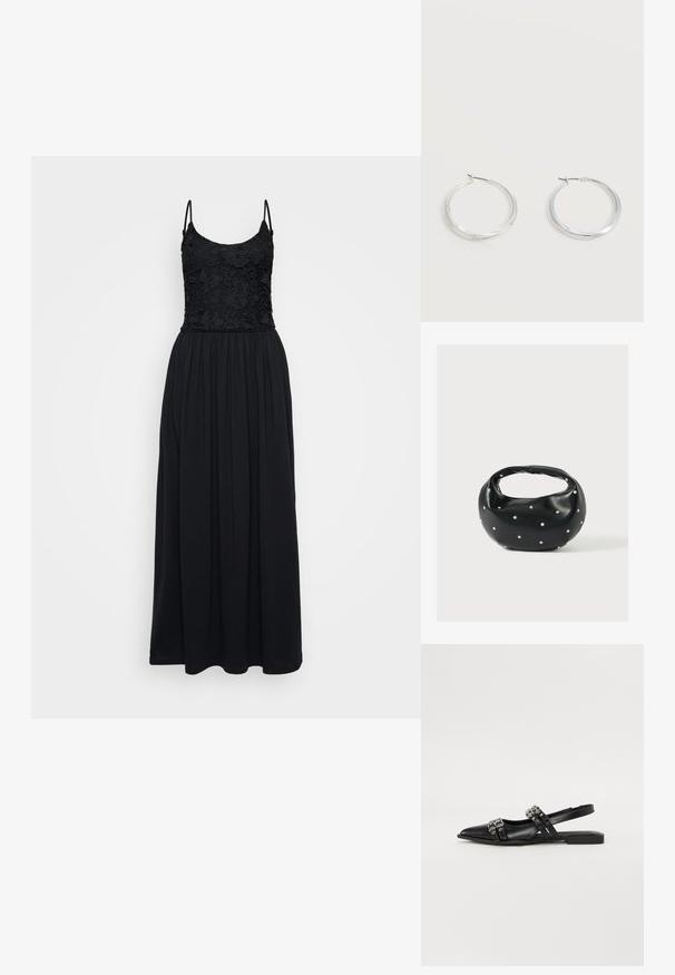 Schwarzes Maxi-Kleid mit einem Spitzenoberteil, Spaghettiträgern und einem gerafften Rock. Der Stoff ist glatt mit einem fließenden Design und in voller Länge.; Even&Odd by Zalando Sling-Ballerina - black; Schwarze Lederhandtasche mit abgerundeter Form, verziert mit silbernen Nietenakzenten und kurzem Griff. Glatte Struktur und Reißverschlussverschluss.; Silberne Metallcreolen mit glatter, leicht gebogener Oberfläche und Klappverschluss vor schlicht weißem Hintergrund.
