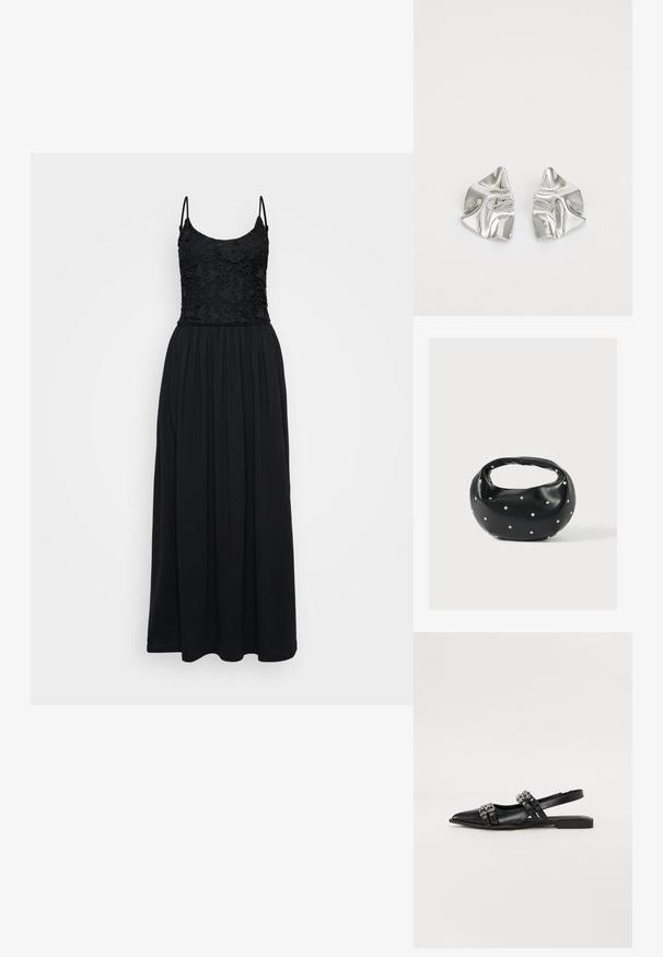 Vestido maxi negro con un corsé de encaje, tirantes finos y una falda fruncida. La tela es suave, con un diseño fluido y de longitud completa.; Even&Odd Bailarinas con tira trasera - black; Bolso de mano de cuero negro con forma redondeada, decorado con detalles de tachuelas plateadas y un asa corta. Textura lisa y cierre con cremallera.; Pendientes de metal plateado con un diseño ondulado y escultórico, que presentan un acabado pulido y formas irregulares, destacando una estética contemporánea.