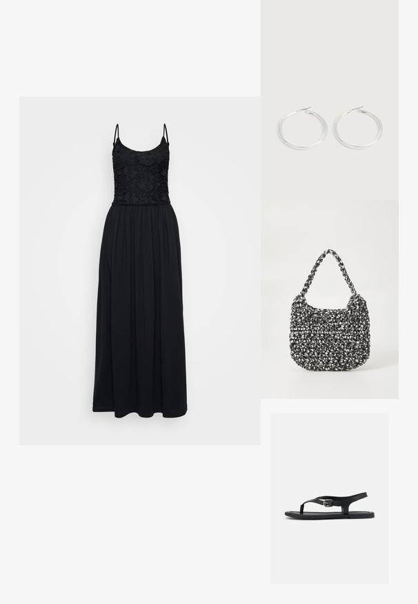 Vestido maxi negro con un corsé de encaje, tirantes finos y una falda fruncida. La tela es suave, con un diseño fluido y de longitud completa.; Sandalia plana negra con correa al tobillo, separador de dedo y hebilla plateada sobre suela lisa, vista lateral sobre fondo blanco.; Bolso de mano tejido en blanco y negro con forma redondeada, superficie texturizada y asa trenzada. Adecuado para uso casual.; Pareja de pendientes de aro plateados brillantes con cierres de alambre delgado, mostrados sobre un fondo gris claro.