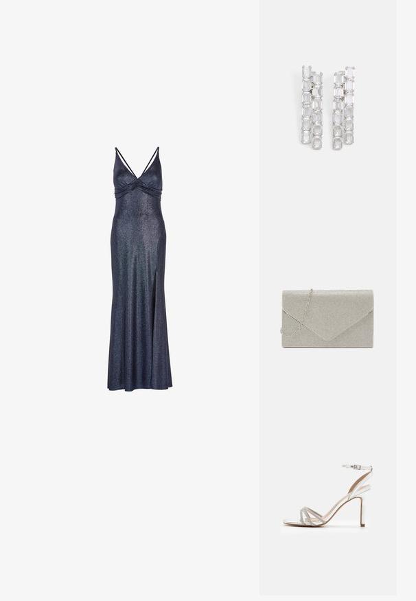Vestido largo sin mangas de color azul marino con un acabado brillante. Presenta un escote fruncido y una abertura lateral para mayor libertad de movimiento. Acento metálico en la tela.; Sandalia de tacón alto plateada con múltiples tiras que presentan acentos de pedrería, diseño de punta abierta y hebilla en el tobillo. Acabado metálico suave.; Bolso de mano metálico plateado con diseño de sobre, embellecido con un patrón texturizado, que incluye una correa de cadena desmontable.; Pendientes rectangulares transparentes con un diseño en cascada, que presentan múltiples piedras enlazadas, montadas en metal de tono plateado con un acabado pulido.