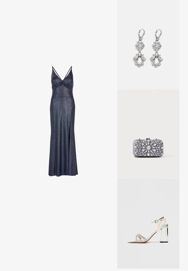 Lang, marineblå, ærmeløs kjole med en skinnende finish. Har en samlet bust og en sideslids for nem bevægelse. Metallisk accent i stoffet.; Sølv højhælede sandaler med blokhæl, tre rhinestones remme over tæerne, og en justerbar ankelrem med spænde.; Lille rektangulær mørkegrå clutch pyntet med klare rhinsten i et strålende mønster og en sølvkæde som strop.; Sølvfarvede øreringe med flere klare krystalgemstones i dråbe- og marquiseformer, med låse med bøjlestik og detaljeret udsmykning.