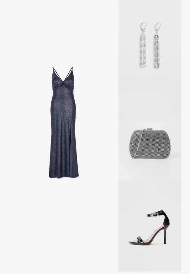 Lang, marineblå, ærmeløs kjole med en skinnende finish. Har en samlet bust og en sideslids for nem bevægelse. Metallisk accent i stoffet.; Sort højhælet sandal i laklæder med ankelrem. Har minimalistisk design, åben tå og spænde med rhinsten-detaljer.; Sorte og hvide teksturerede clutch-taske med rund form, sølvfarvet kædetrækt, og en metalspænde på toppen.; Sølv øreringe med to forlængede stænger, hver sat med små, klare rhinsten i et lineært mønster. Lever-back lukning.