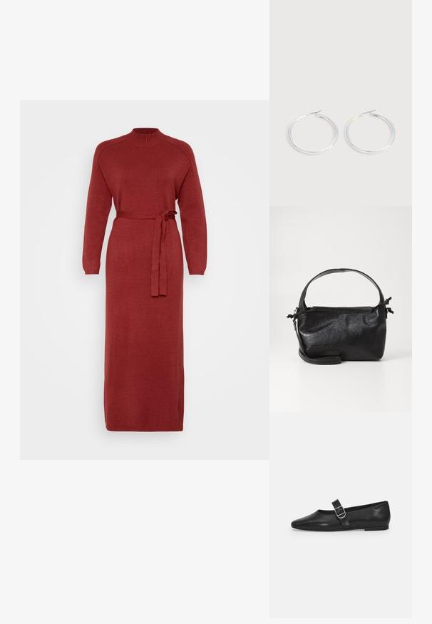 Robe en tricot rouge à manches longues avec un col haut et une taille ceinturée. Présente une coupe droite et des poignets côtelés, fabriquée en tissu doux.; Chaussure plate en cuir noir avec un bout arrondi, une seule sangle réglable à boucle et une texture lisse et brillante. Design minimaliste avec un petit talon.; Sac à main en cuir noir au design structuré, avec une poignée arrondie et une bandoulière amovible. Présente une texture lisse et un éclat subtil.; Paire de boucles d'oreilles créoles argentées brillantes avec fermoirs en fil fin, présentée sur un fond gris clair.